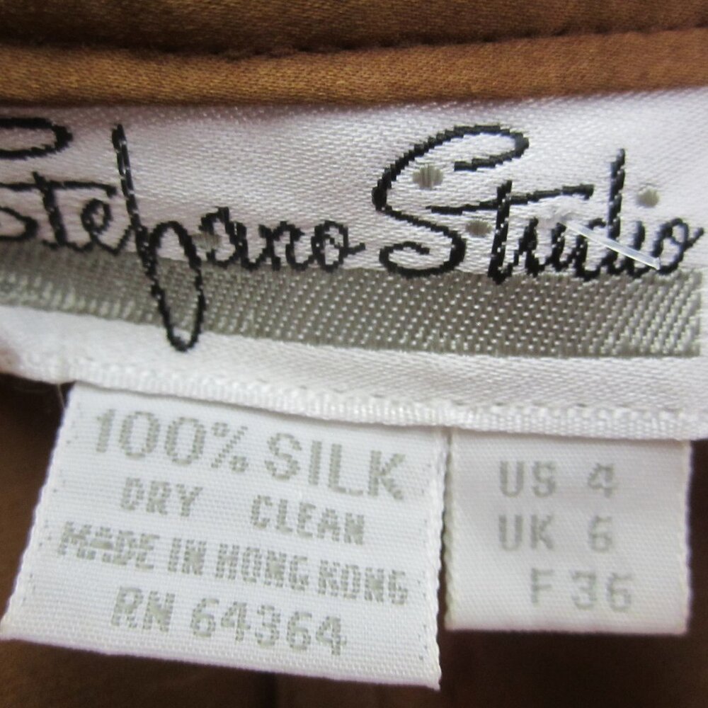 Vtg Stefano Studio Women 4 Brown High Neck 100% Silk Shirt Covered Buttons S 80s - Picture 4 of 9